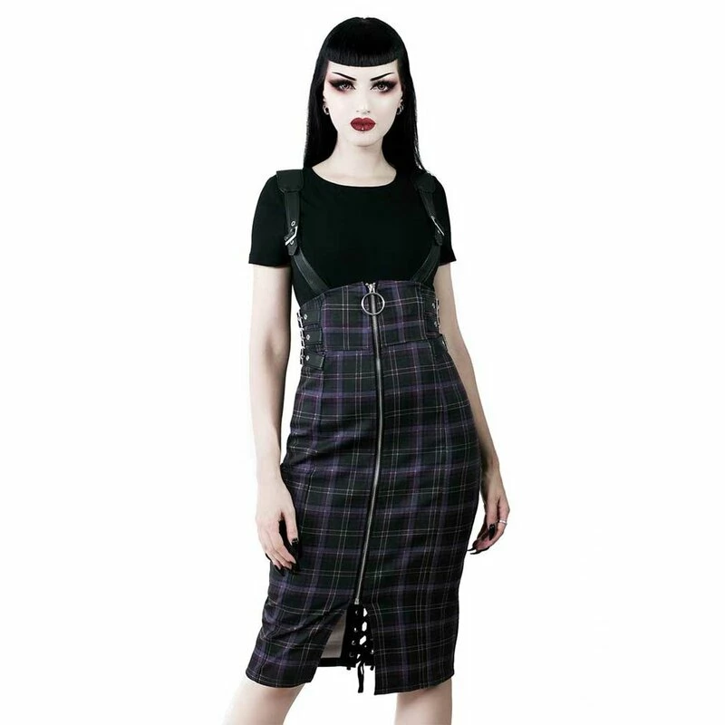 Killstar Pencil Skirt With Suspenders - Tempest Tartan 1 Killstar Pencil Skirt With Suspenders - Tempest Tartan