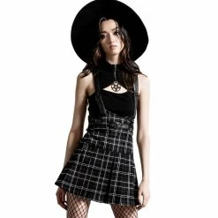 Killstar Pleated Mini Skirt - Shadows Suspender Ash Tartan